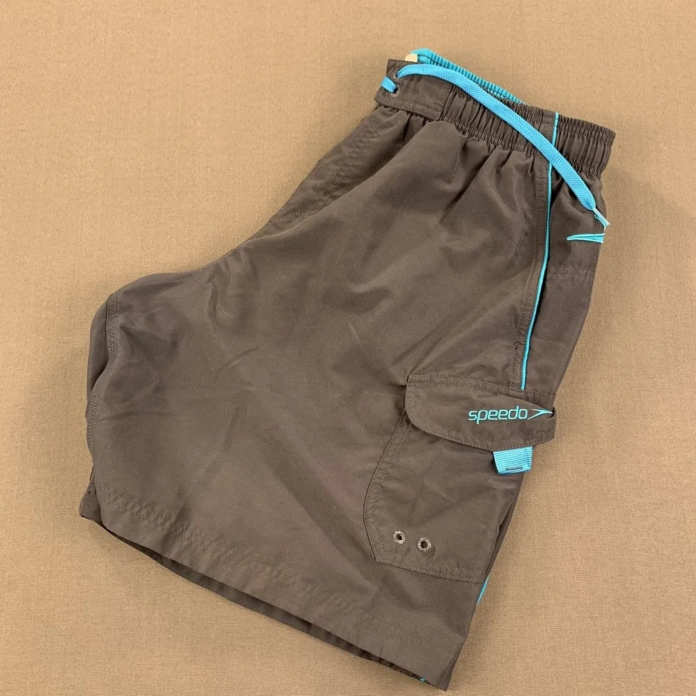 Speedo Swim Trunks Men LG (34in) Gray Blue Mesh Lined‎ Board Shorts Cargo Pocket